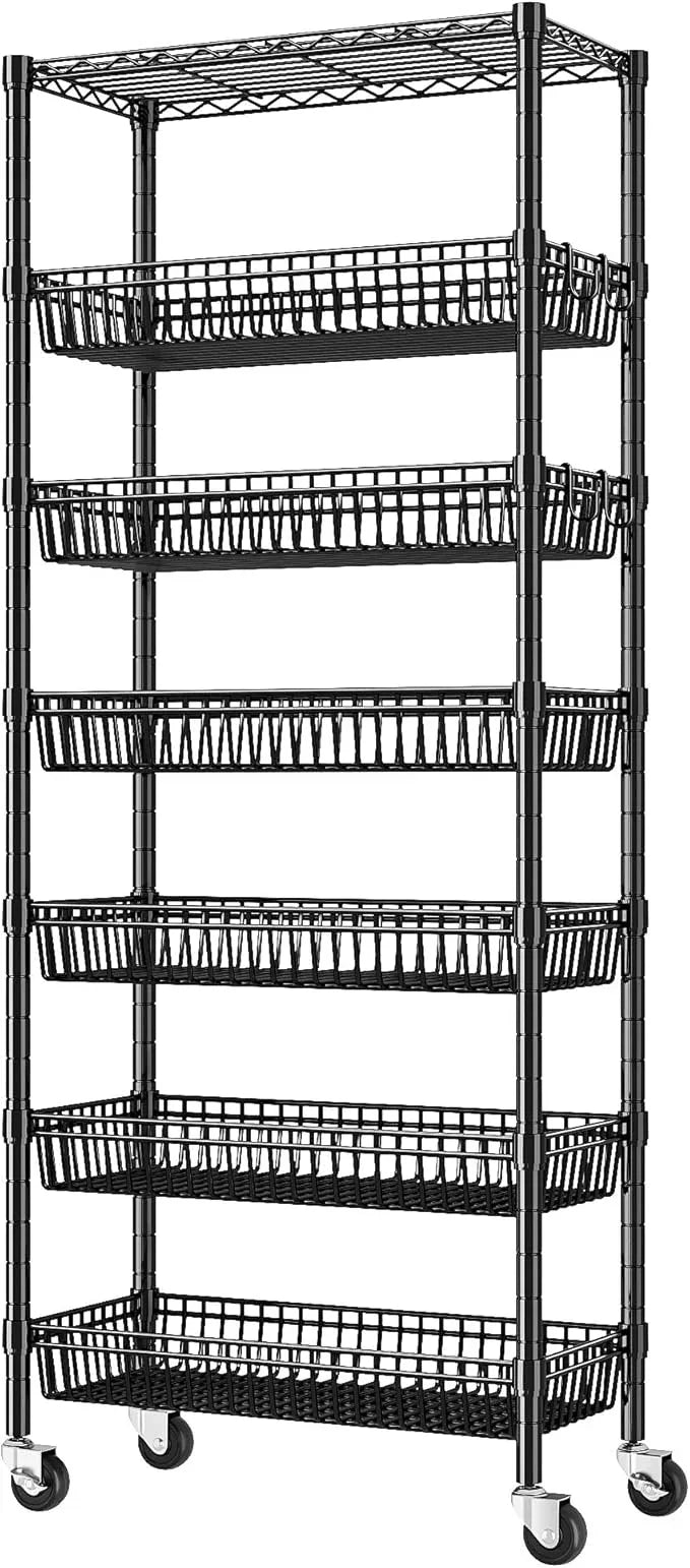 7 Tier Wire Shelving with Wheels 72" H Adjustable Basket Shelf Storage Shelves with Hooks for Kitchen Bathroom Pantry Shelves Closet Laundry Room Organization 72" H x 30" W x 14" D, Black - ModernBath