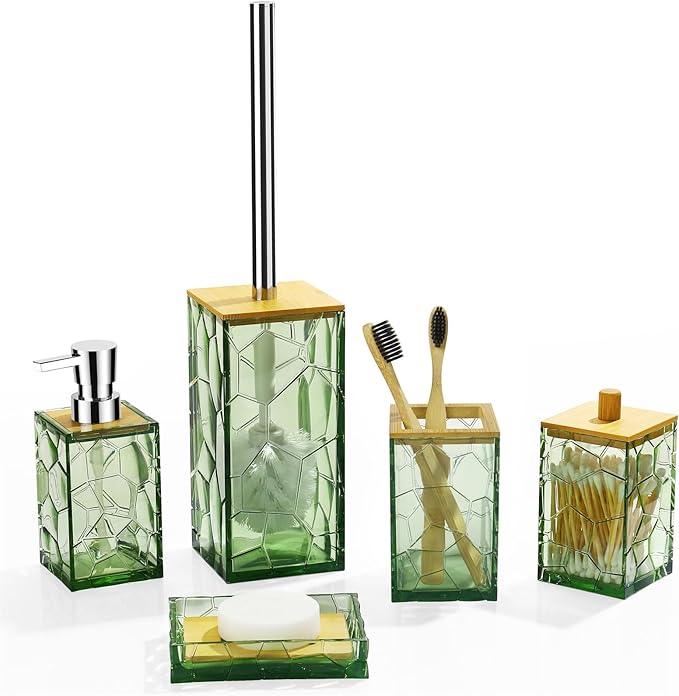 GAHEFY Sage Green Bathroom Accessories Set, Toothbrush Holder, Soap Dispenser, Cotton Swabs Holder, Soap Dish, Toilet Brush with Holder, Boho Bamboo Bathroom Decor,Acrylic (Green) - ModernBath