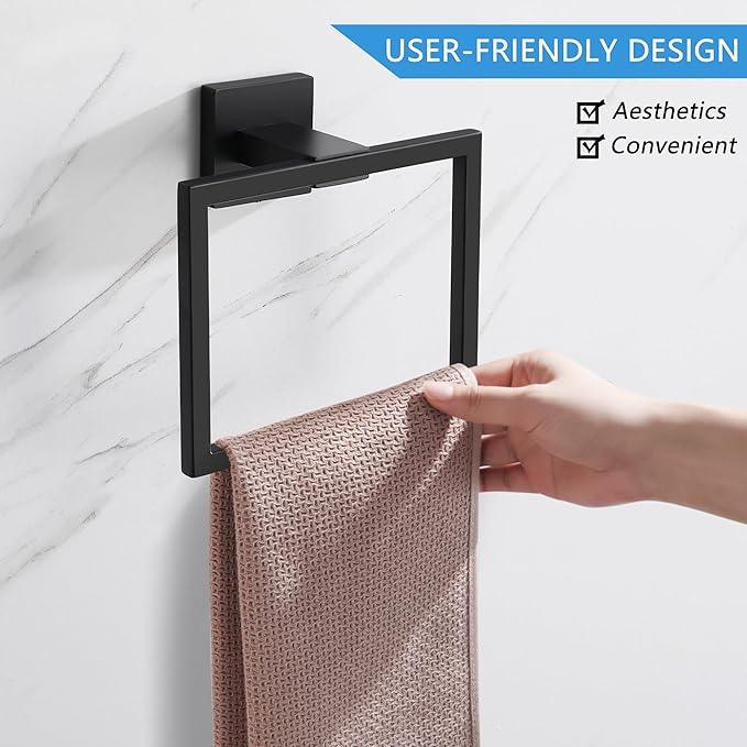 LANC Hand Towel Rings for Bathroom Wall Mount Matte Black Square Hand Towel Holder Command Towel Hanger for Bathroom Lavatory Towel Holder Stainless Steel Modern Towel Rack Hanger 2 Pack, A8896MB-P2 - ModernBath