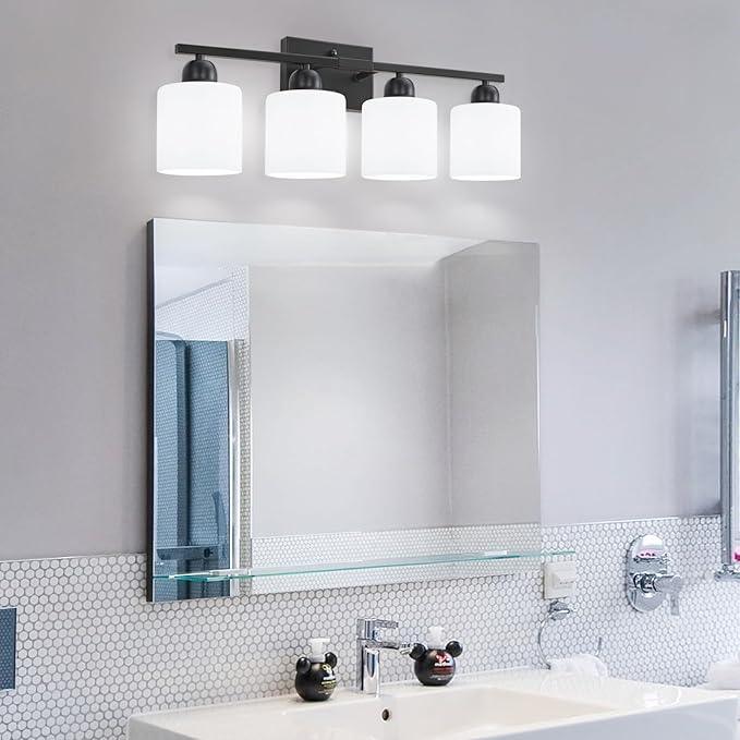 FAISHILAN 4-Light Black Bathroom Vanity Light, Light Fixtures with Milky White Frosted Glass Shades, Black Vanity Light for Bathroom Mirror, Bedroom, Living Room, Vanity Table, E26 Base - ModernBath