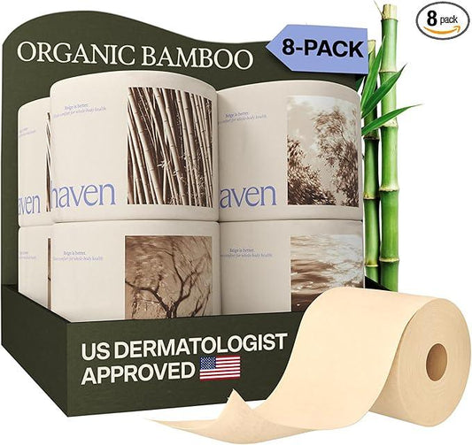 Haven Bamboo Toilet Paper (Pack of 8) Bulk Rolls - 100% Organic Tissue - 3-Ply Septic Safe, Unbleached, Non-Toxic, BPA-Free Plant Paper - Dermatologist Approved, Hypoallergenic - Silky Soft Lint-Free - ModernBath