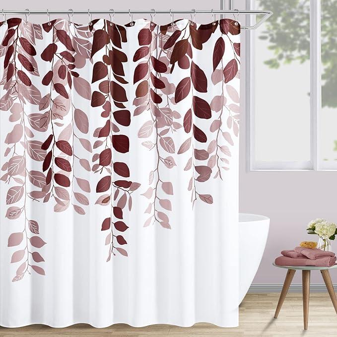 BOODII Dark Red Leaves Shower Curtain Set Burgundy Red Watercolor Eucalyptus Shower for Bathroom Botanical Nature Floral Plant Bath Curtain Natural Bathroom Decor 72x72 inch - ModernBath