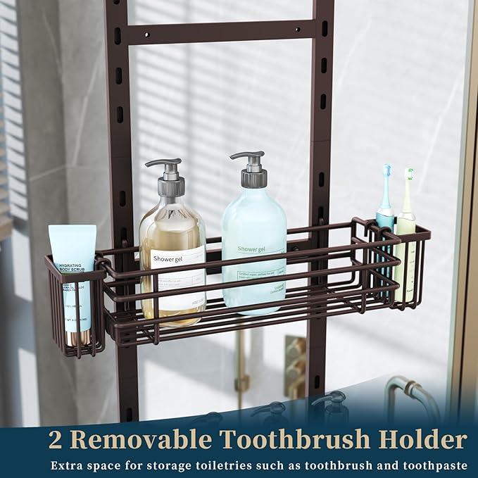 Consumest Over The Door Shower Caddy - 5 Tier Adjustable Shower Organizer Hanging with 2 Toothbrush Holders & 4 Hooks, Rustproof Organizer Shelf, Storage Rack for Bathroom, Bronze - ModernBath