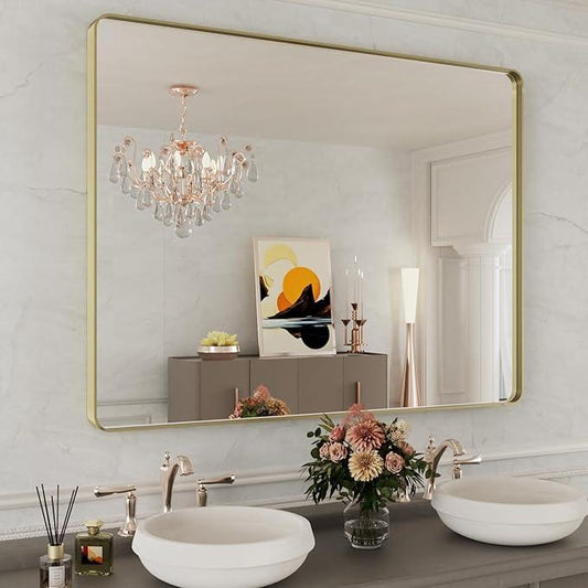 WEER Gold Bathroom Mirror, 48X36 Inch Brushed Gold Metal Frame Mirror, Rounded Rectangle Gold Bathroom Vanity Mirror for Wall, Tempered Glass, Anti-Rust, Hangs Horizontally or Vertically - ModernBath