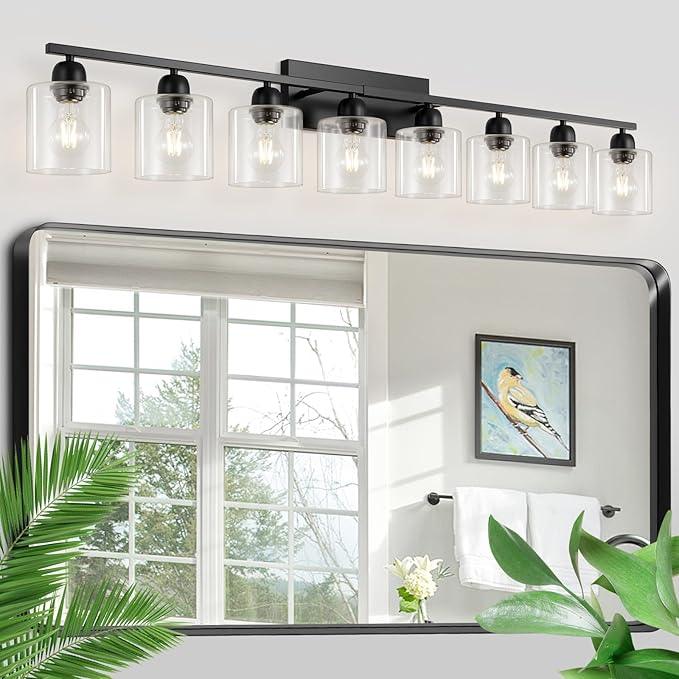 FAISHILAN Modern 8 Light Bathroom Light Fixtures, 52 inch Vanity Lights for Bathroom with Clear Glass, Black Bathroom Light Fixture for Mirror Kitchen Living Room Hallway Cabinet Porch - ModernBath