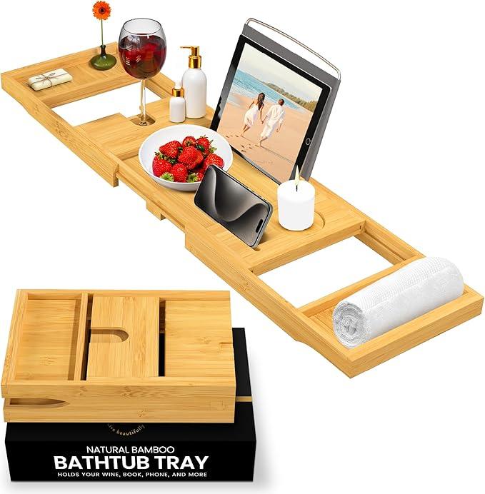 Wooden Bathtub Tray - Foldable Expandable Bamboo Bath Tray for Tub with Wine Holder, Book & Tablet Stand - Bath Caddy for Bathtub, Spa Bath Accessories for Women, Tub Tray Table, Gift for Her or Him - ModernBath