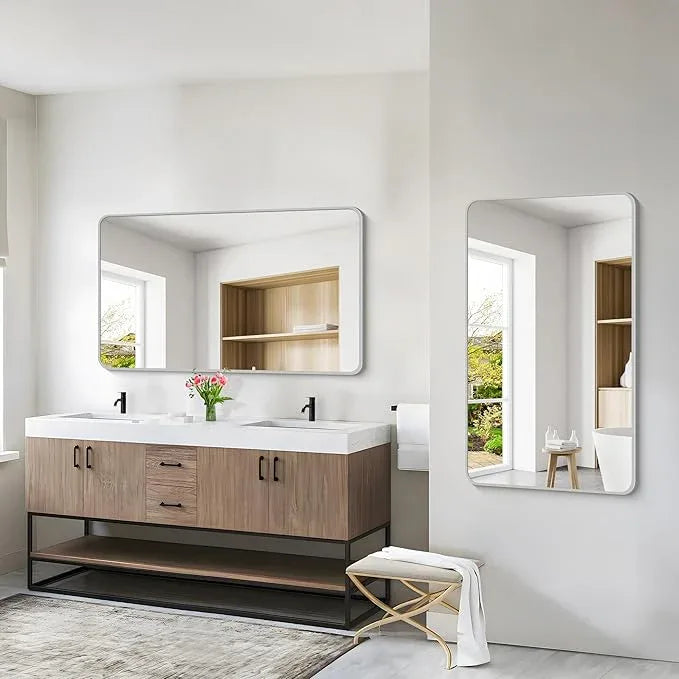 CIVENO 48x30 Inch Silver Bathroom Mirror, Metal Framed Silver Rectangle Mirrors, Rounded Rectangular Vanity Mirror, Wall Mounted Mirrors for Living Room Bedroom Entryway Hangs Horizontal or Vertical - ModernBath