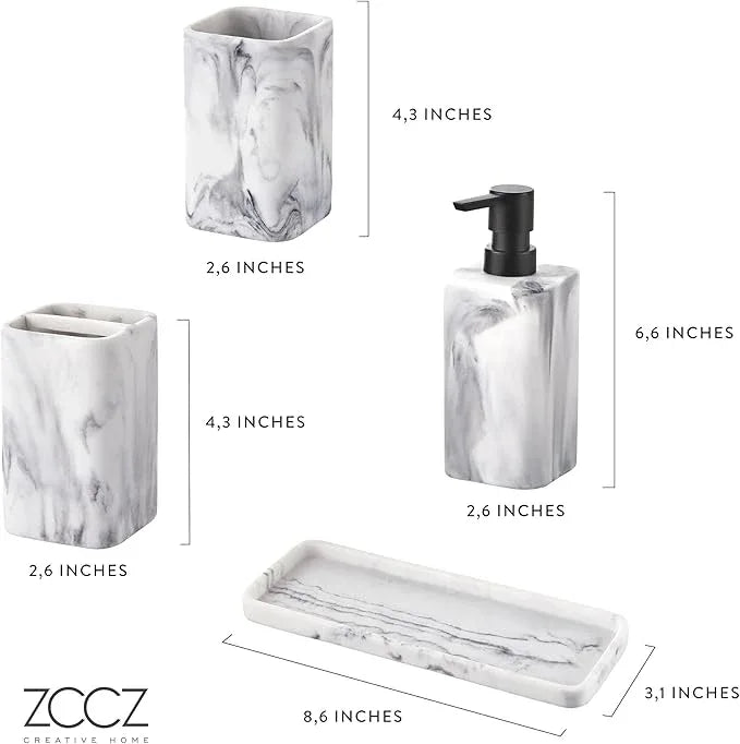 ZCCZ Bathroom Accessory Sets, 4 Pieces Bathroom Accessories Complete Set Vanity Countertop Accessory Set with Marble Look, Includes Lotion Dispenser Soap Pump, Tumbler, Toothbrush Holder and Tray - ModernBath