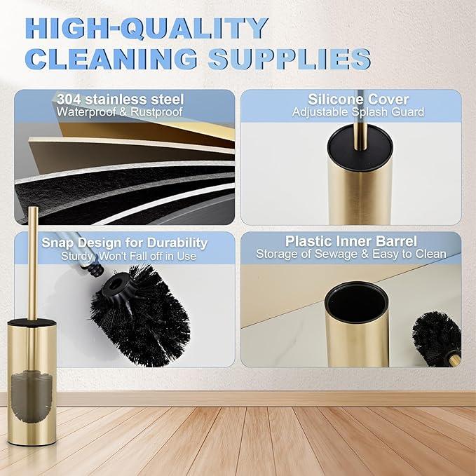 Toilet Brush and Holder Set, NEWRAIN 304 Stainless Steel Toilet Brush with Long Brush Handle, Brushed Gold Toilet Scrubber and Covered Holder, Round Design Sturdy and Space Saving, Covered Brush - ModernBath
