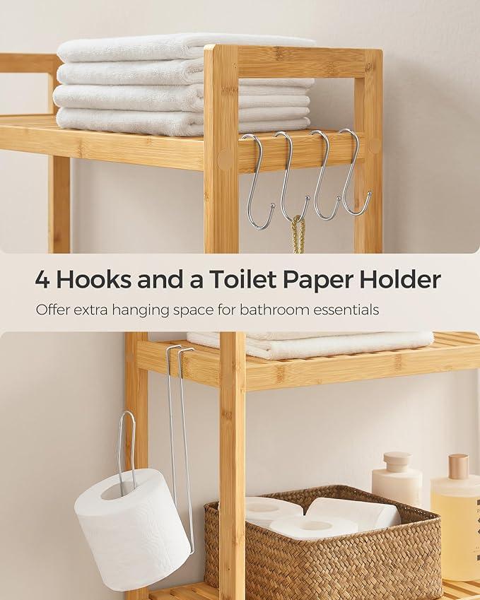 SONGMICS Over The Toilet Storage, 3-Tier Over Toilet Bathroom Organizer with Adjustable Shelf, 10.2 x 24.8 x 66.9 Inches, Space-Saving, Natural Beige UBTS001N01 - ModernBath