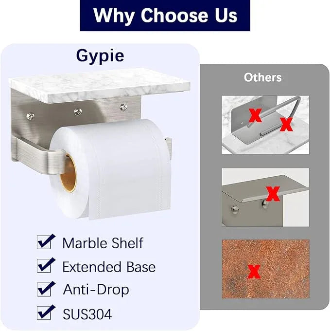 Toilet Paper Holder with Shelf, Extended Base Wall Mounted, Marble Toilet Roll Holder Brushed Nickel for Bathroom Washroom - ModernBath