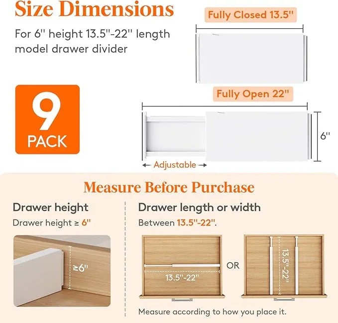 Lifewit 9 Pack Drawer Dividers Plastic 6" High, 13.5-22" Adjustable Drawer Organizers for Clothes, Expandable Dresser Separators in Bedroom/Bathroom/Kitchen/Office Organization and Storage, PLS6 - ModernBath