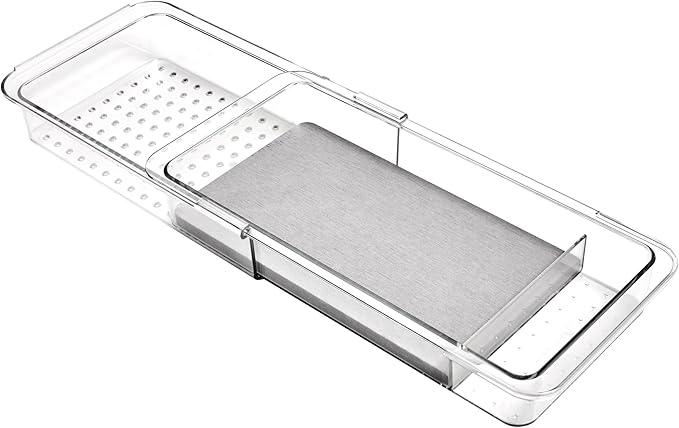 madesmart Expandable Dental Tray Drawer Organizer with Drying Stone, Clear Plastic Organizer for Toothbrush, Dental Floss, Water Flosser, Mouthwash - ModernBath