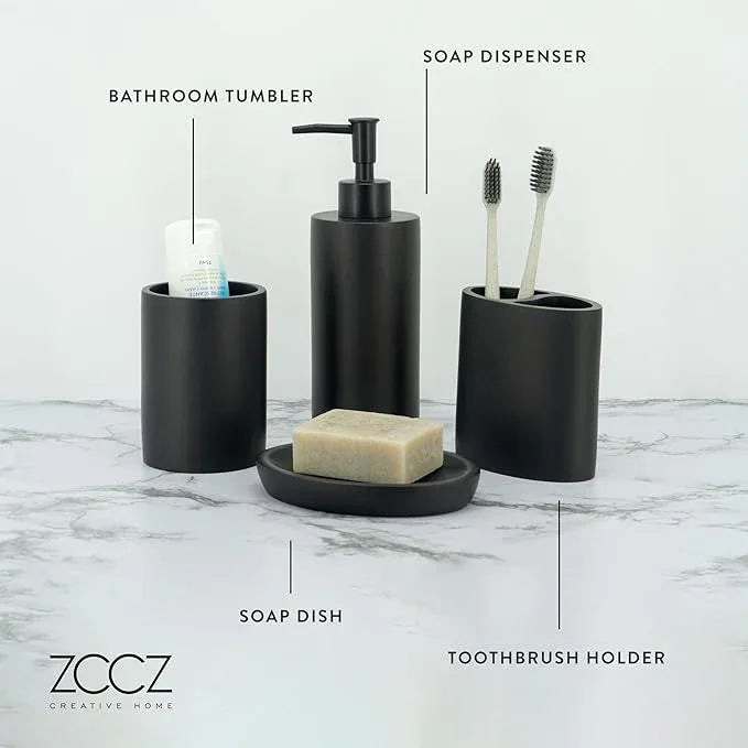ZCCZ Grey Bathroom Accessory Sets, 4 Pieces Bathroom Accessories Complete Set Vanity Countertop Accessory Set, Includes Lotion Dispenser Soap Pump, Tumbler, Toothbrush Holder and Tray - ModernBath