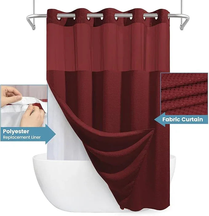 EUTXL Burgundy Long No Hook Shower Curtain with Snap in Liner,230GSM Waffle Weave Shower Curtains for Bathroom,71W x 86H - ModernBath