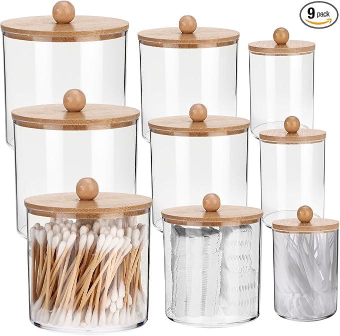 Meanplan 9 Pack Plastic Apothecary Jars with Lids Acrylic Holder Dispenser for Bathroom, 10/22/39 oz Clear Plastic Storage Jars Floss Container for Swab Cotton Ball, 3 Sizes (Wooden Lid) - ModernBath