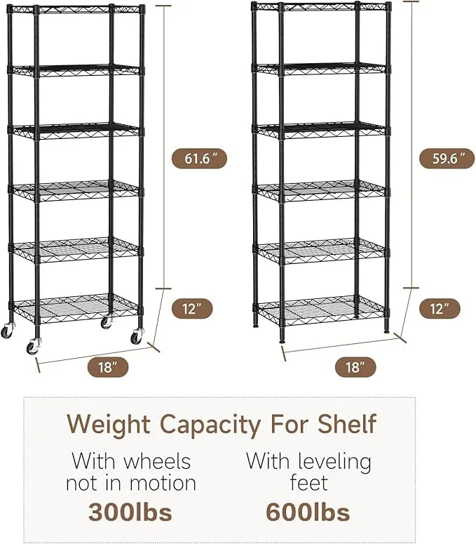 Small 6 Tier Shelves Storage Wire Shelving Unit Metal Shelf Adjustable Organizers Storage Shelving with Wheels for Bathroom Laundry Room Kitchen Pantry12”D x 18”W x 61.6”H Black - ModernBath