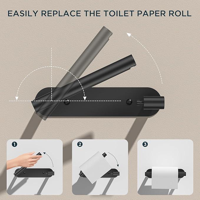 FORIOUS Black Toilet Paper Holder, Adhesive or Wall Mounted Options, Stainless Steel Rustproof Stick on no Drilling Double Post Pivoting Toilet Tissue Roll Holder for Bathroom,2 Pack Matte Black - ModernBath