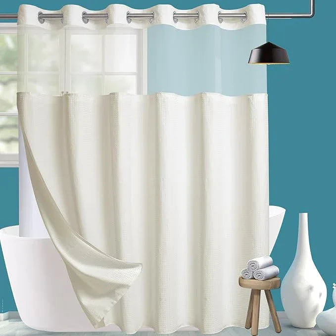 Extra Wide No Hook Waffle Weave Shower Curtain with Snap in Liner Set, 108" x 74" Hotel Luxury Beige Shower Curtains for Bathroom with See Through Top Window, Waterproof, Washable 108W x 74H - ModernBath