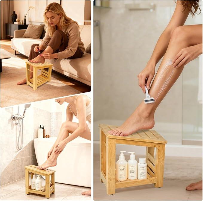 Forest Manor Bamboo Shower Foot Rest Stool for Shaving Legs & Pedicure, Non-Slip Bathroom Foot Step with Storage Pocket, Solid & Water-Resistant,Natural - ModernBath