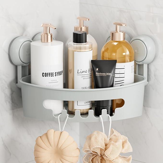 TAILI Corner Shower Caddy with Suction Cups, Wall Mounted Organizer Plastic Rack for Small Bathrooms, Kitchen, Removable Drill-Free Heavy Duty Shelf Basket, Grey - ModernBath