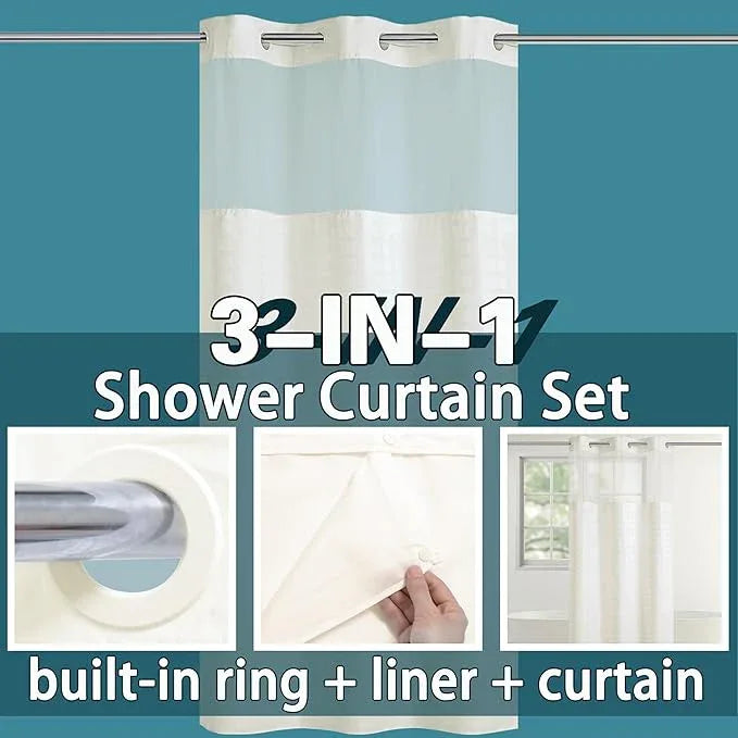 Conbo Mio Stall No Hook Shower Curtain with Snap in Liner Set, Hotel Luxury Beige Shower Curtains for Bathroom with See Through Top Window, Waterproof, Washable 36W x 74H - ModernBath