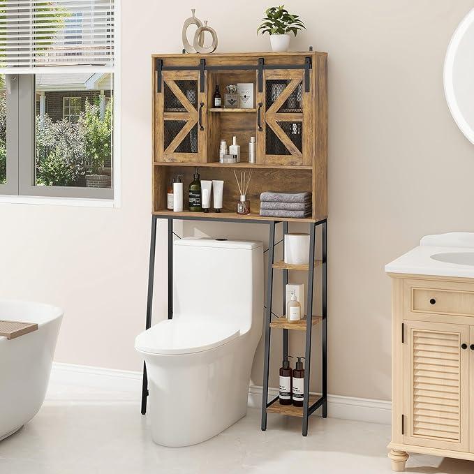 Vabches Over The Toilet Storage Cabinet, Farmhouse Storage Cabinet Over Toilet with Sliding Barn Door，Home Space-Saving Toilet Rack, for Bathroom, Restroom, Laundry，Brown - ModernBath