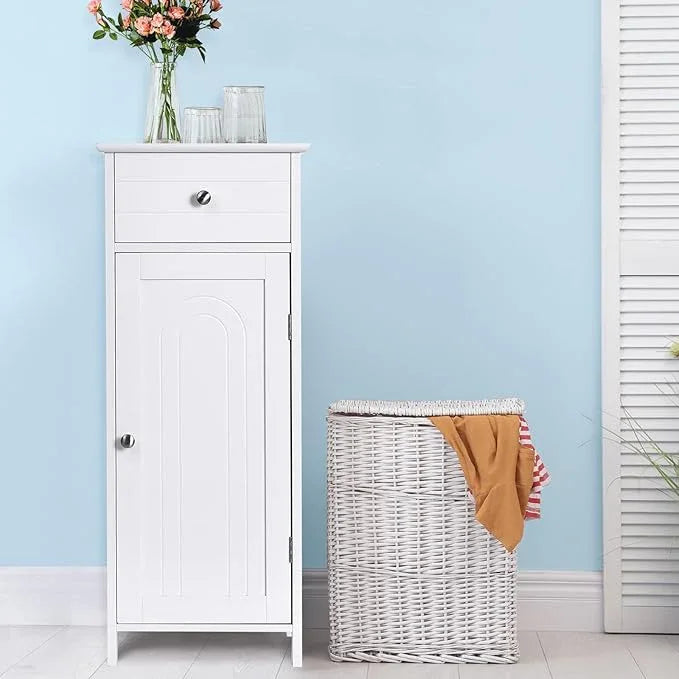 GOFLAME Bathroom Storage Cabinet, Freestanding Wooden Storage Cabinet with Large Drawer, 2 Float Shelves with 7 Positions, Bathroom Floor Cabinet Organizer for Living Room, White - ModernBath