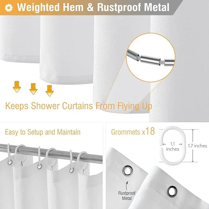 BTTN Fabric Shower Curtain, Linen Textured Heavy Duty Polyester Cloth Shower Curtain Set with Plastic Hooks, White, 108" W x 72" L (Pack of 1) - ModernBath