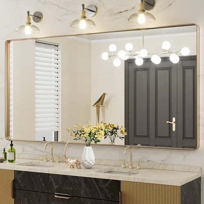 LOAAO 72”X36” Gold Bathroom Mirror, Rounded Rectangle Gold Frame Mirror, Brushed Gold Bathroom Vanity Mirror Wall-Mounted, Anti-Rust, Tempered Glass, Hangs Horizontally or Vertically - ModernBath