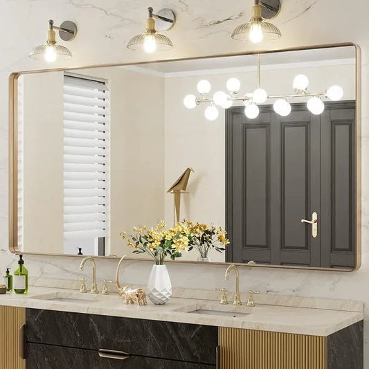 LOAAO 72”X36” Gold Bathroom Mirror, Rounded Rectangle Gold Frame Mirror, Brushed Gold Bathroom Vanity Mirror Wall-Mounted, Anti-Rust, Tempered Glass, Hangs Horizontally or Vertically - ModernBath