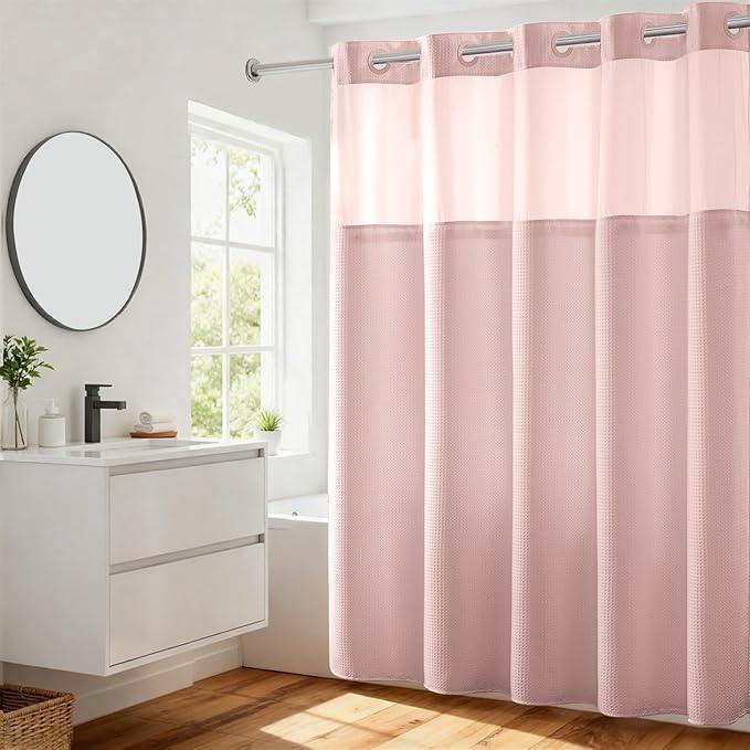 River Dream No Hooks Required Dotted Pink Shower Curtain with Snap in Liner - 71" W x 74" H,Hotel Grade,Spa Like Bath Curtain - ModernBath