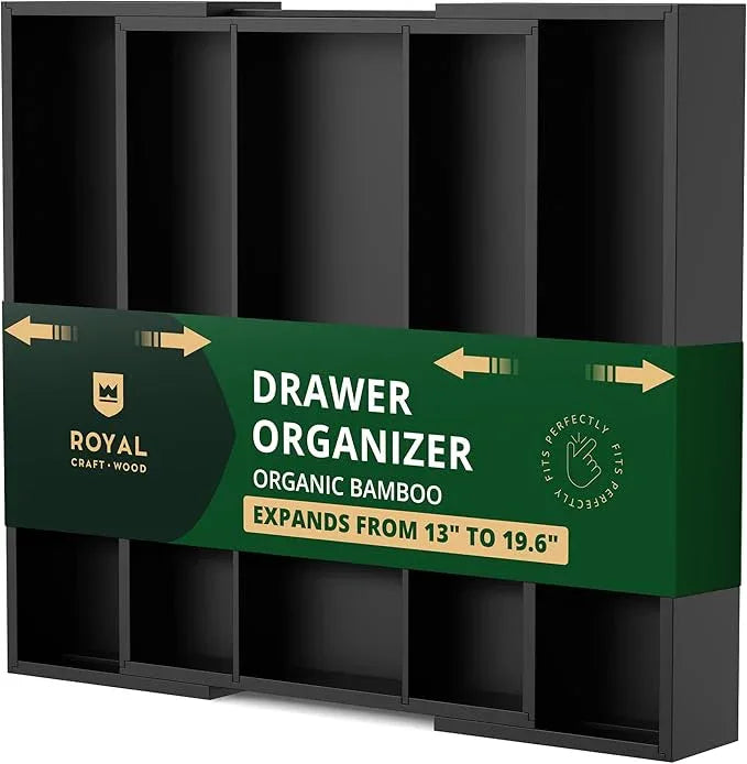 ROYAL CRAFT WOOD Luxury Bamboo Kitchen Drawer Organizer - Silverware Organizer - Utensil Holder and Cutlery Tray with Grooved Drawer Dividers for Flatware and Kitchen Utensils (5 Slot, Black) - ModernBath