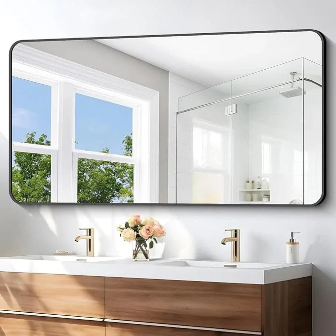 BONEWEI 30x60 inch Bathroom Mirror,Black Rectangle Mirror,Wall Mounted Bathroom Frame Vanity Mirror with Round Corner for Bedroom Living Room, Entryway Hangs Horizontal or Vertical - ModernBath