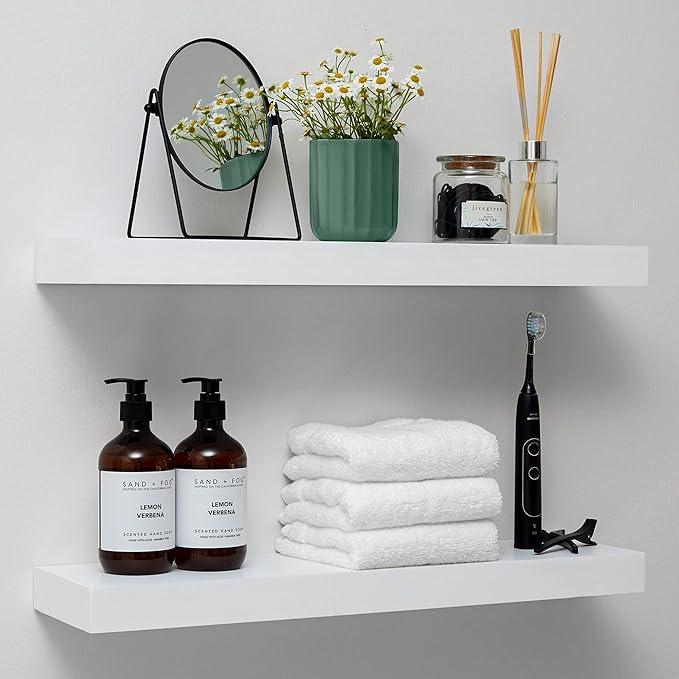 Homeforia White Floating Shelves 24 inch, High End Solid Real Wood 24inch Bathroom Floating Shelf for Wall Mounted, White Wooden 24in Floating Shelves, Heavy Duty Bracket, 24 X 6.5 X 1.75 in, Set of 2 - ModernBath