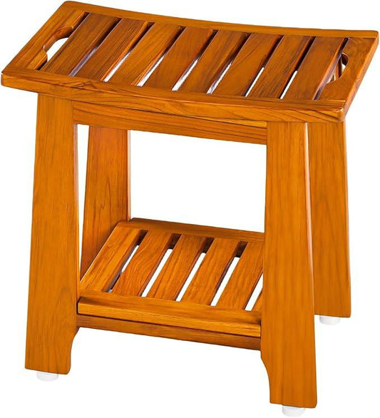 14" Compact Teak Shower Stool with Shelf & Handle - Waterproof, Non-Slip Bath Bench for Small Bathrooms/Outdoor Use, 300 lbs Capacity (Patented) - ModernBath