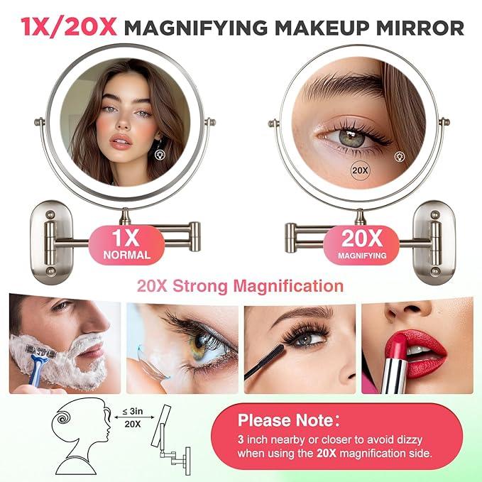 VORREMIRR 20X Magnifying Mirror with Light: 8.5 Inch Lighted Makeup Mirror, Wall Mount, 360 Rotation, Touch Screen, Rechargeable, Brushed Nickel - ModernBath