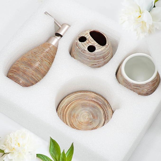 CERBIOR Bathroom Accessories Set,4 Pcs Ceramic Bathroom Decor Accessory,Includes Toothbrush Holder, Toothbrush Cup, Soap Dish for Decorative Countertop and Housewarming Gift(Brown 4pcs) - ModernBath
