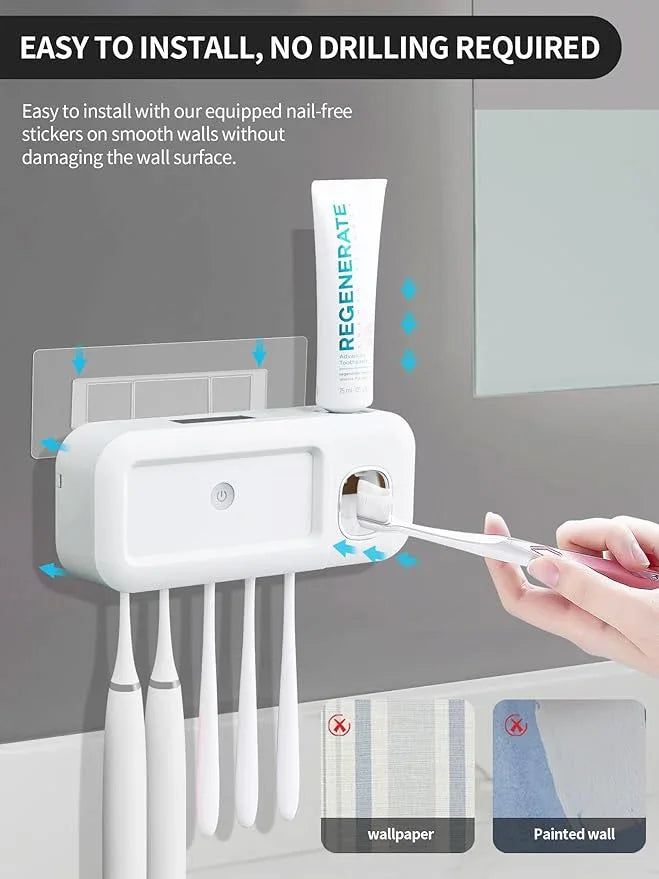 Toothbrush Holder Wall Mounted Timerable Toothbrush Holders with Automatic Toothpaste Dispenser 1200mAh Toothbrush Holders for Bathrooms, Solar Charging, 5 Toothbrush Slots - ModernBath