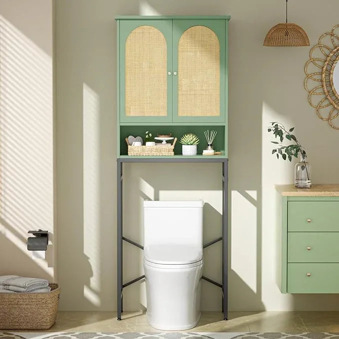 Rattan Toilet Storage Cabinet, Over The Rack Wood Cabinet with Metal Stand, Bathroom Organizer with Adjustable Shelf, Space Saving Cupboard for Small Bathrooms, Washer Shelf, Green - ModernBath