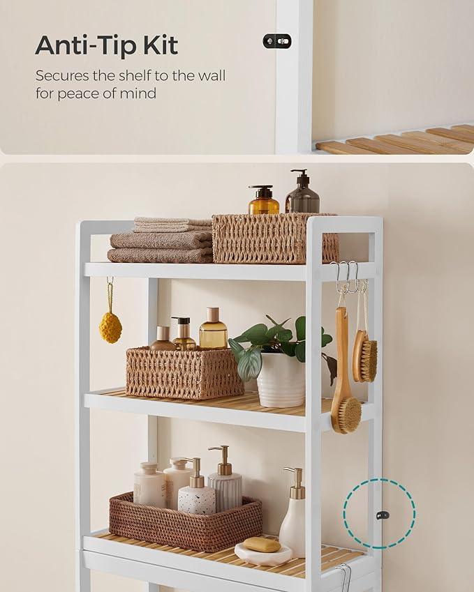 SONGMICS Over The Toilet Storage, 3-Tier Over Toilet Bathroom Organizer with Adjustable Shelf, 10.2 x 24.8 x 66.9 Inches, Space-Saving, Cloud White and Natural Beige UBTS001W02 - ModernBath
