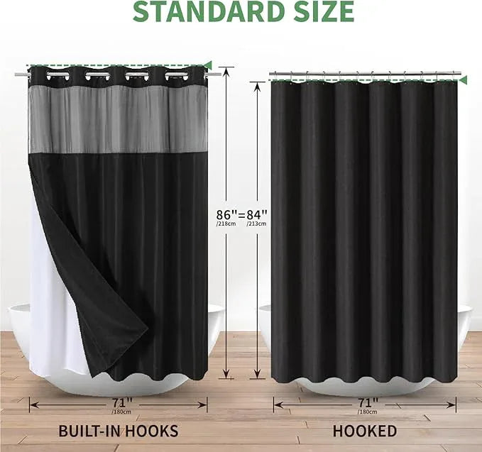 eachope Extra Long No Hook Shower Curtain with Snap-in Fabric Liner Set,Slub Textured Fabric Shower Curtains for Bathroom,Hotel Style Modern Shower Curtain,Water Repellent & Washable,71x86(84),Black - ModernBath