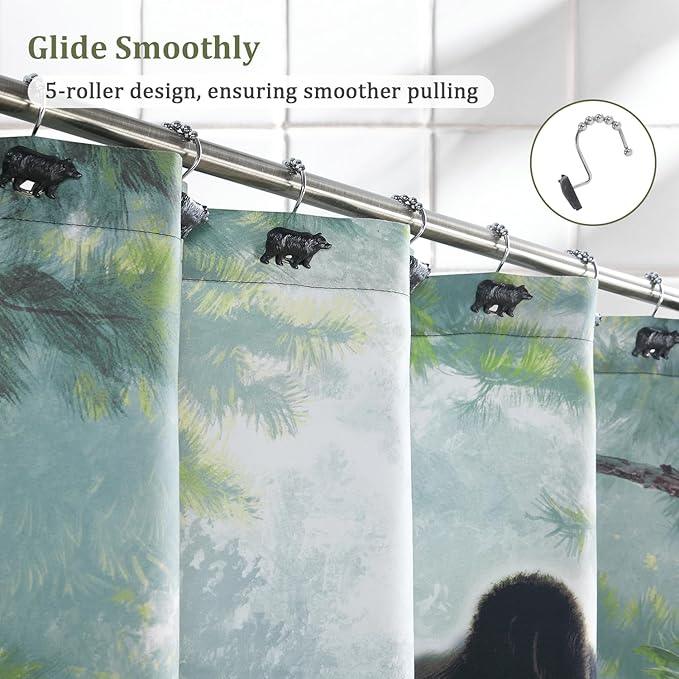 Decorative Forest Animal Shower Hooks, 12-Pack Bear Design with Smooth Gliding Rings, Rust-Proof for Bathroom Bedroom Living Room Decor - ModernBath