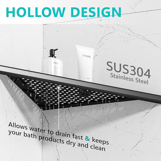 Bathroom Corner Shelf, Recessed 12" Shower Shelf Caddy, SUS304 Stainless Steel Shelf Wall Mount Triangular, No Drilling, Matte Black - ModernBath