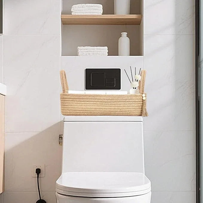ABenkle Small Storage Basket for Toilet Tank Top - Jute Rope Woven Organizer with Handle, Boho Countertop Bathroom Decor, Toilet Paper Holder, 16x6x4 Inch - ModernBath