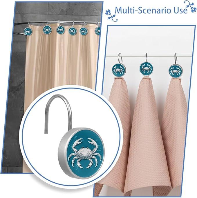 Nautical Abstract Crab Shower Curtain Hooks 12Pcs, Decorative Rust Resistant Shower Rings for Shower Curtain Rods, Stainless Steel Round Curtain Hooks for Bathroom, Bedroom, Farmhouse - ModernBath