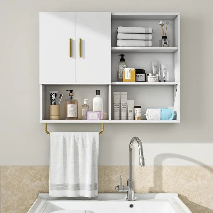 Bathroom Wall Cabinet Wood Large Wall Mounted Medicine Cabinet with 2 Doors and 4 Open Shelves Over Toilet Storage Cabinet Organizer with Towel Bar,White - ModernBath