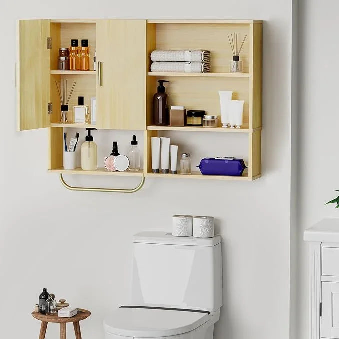 Bathroom Wall Cabinet Wood Large Wall Mounted Medicine Cabinet with 2 Doors and 4 Open Shelves Over Toilet Storage Cabinet Organizer with Towel Bar,Wood - ModernBath
