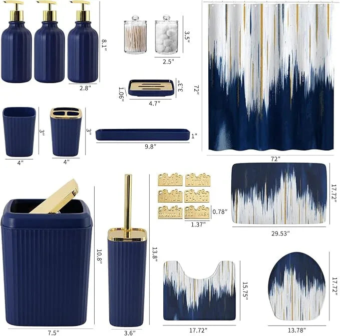 WSBArt 32PC Bathroom Sets with Shower Curtain and Rugs-Navy Blue Bathroom Accessories,Non Slip Bathroom Rugs Set with Toilet Lid Cover, Waterproof Shower Curtain, 3PC Soap Dispenser with Trash Can - ModernBath