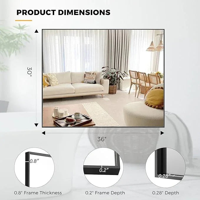 Bonverre 30x36 Inch Black Bathroom Mirror for Wall, Aluminum Frame Rectangle Rectangular Vanity Mirror, Modern Large for Bedroom, Living Room, Horizontal or Vertical - ModernBath